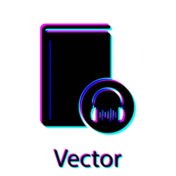 Icono de libro de audio negro aislado sobre fondo blanco. Reserva con auriculares. Signo de audio guía. Concepto de aprendizaje en línea. Ilustración vectorial — Vector de stock