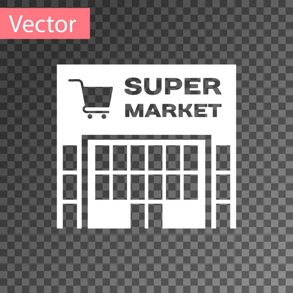 Weißes Supermarktgebäude mit Warenkorb-Symbol auf transparentem Hintergrund. Laden oder Geschäft. Einkaufszentrum gebaut. Vektorillustration — Stockvektor