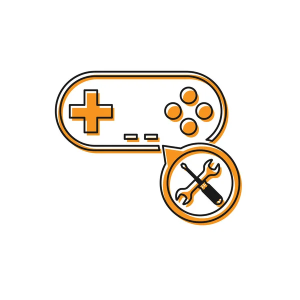 Gamepad arancione con cacciavite e icona della chiave isolata su sfondo bianco. Regolazione, assistenza, regolazione, manutenzione, riparazione, fissaggio. Illustrazione vettoriale — Vettoriale Stock