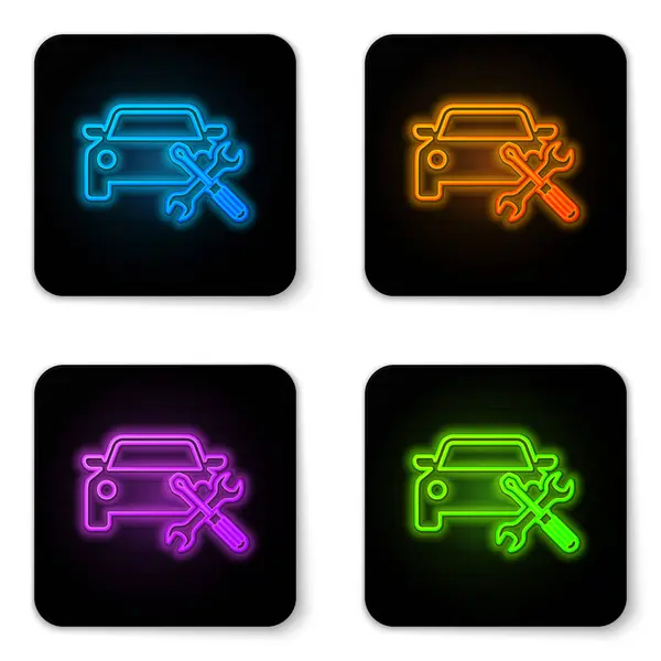 Gloeiende neon auto met schroevendraaier en moersleutel pictogram geïsoleerd op witte achtergrond. Aanpassing, service, instelling, onderhoud, reparatie, bevestiging. Zwarte vierkante knop. Vector illustratie — Stockvector