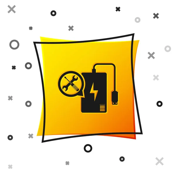 Black Power bank with screwdriver and wrench icon isolated on white background. Adjusting, service, setting, maintenance, repair, fixing. Yellow square button. Vector Illustration — Stock Vector