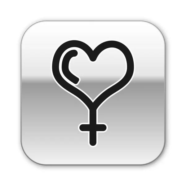 Noir Symbole de genre féminin et icône de coeur isolé sur fond blanc. Le symbole de Vénus. Le symbole d'un organisme féminin ou d'une femme. Bouton carré argenté. Illustration vectorielle — Image vectorielle