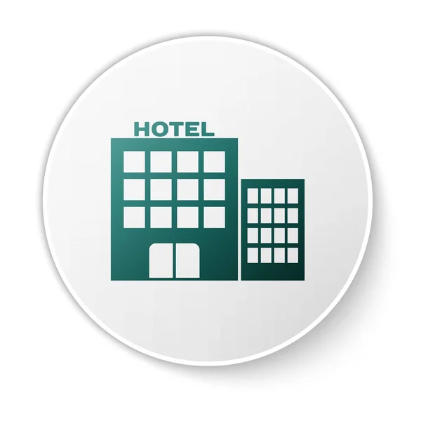 Green Hotel building icon isolated on white background. White circle button. Vector Illustration — Stock Vector