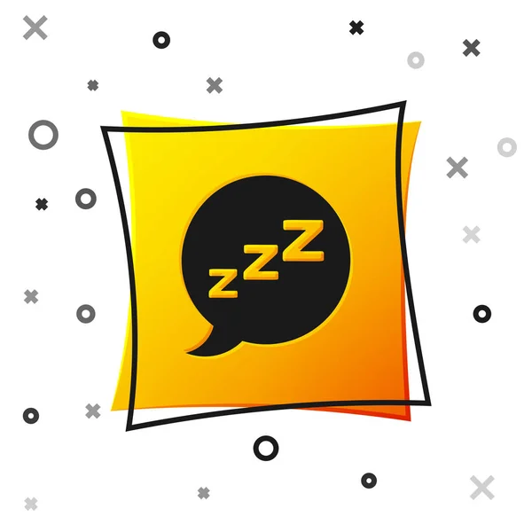 Schwarze Sprechblase mit Schnarchsymbol isoliert auf weißem Hintergrund. Schlaflosigkeit, Wecker-App, Tiefschlaf, Aufwachen. gelber quadratischer Knopf. Vektorillustration — Stockvektor