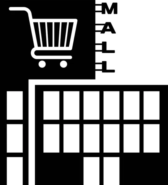 Black Mall o edificio de supermercados con icono de carrito de compras aislado sobre fondo blanco. Tienda o tienda. Ilustración vectorial — Archivo Imágenes Vectoriales
