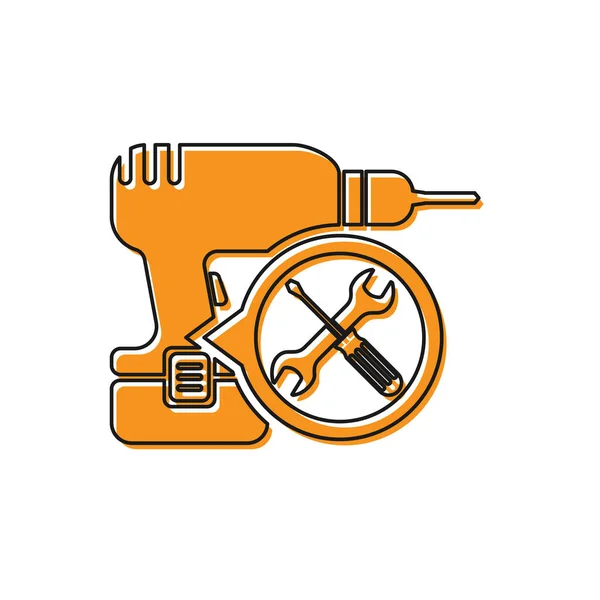 Oranje boormachine met schroevendraaier en moersleutel pictogram geïsoleerd op witte achtergrond. Aanpassing, service, instelling, onderhoud, reparatie, bevestiging. Vector illustratie — Stockvector