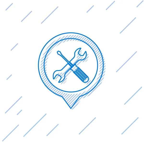Blå linje plats med korsad skruvmejsel och skiftnyckel verktyg ikon isolerad på vit bakgrund. Symbolen för pekarinställningar. Vektor illustration — Stock vektor