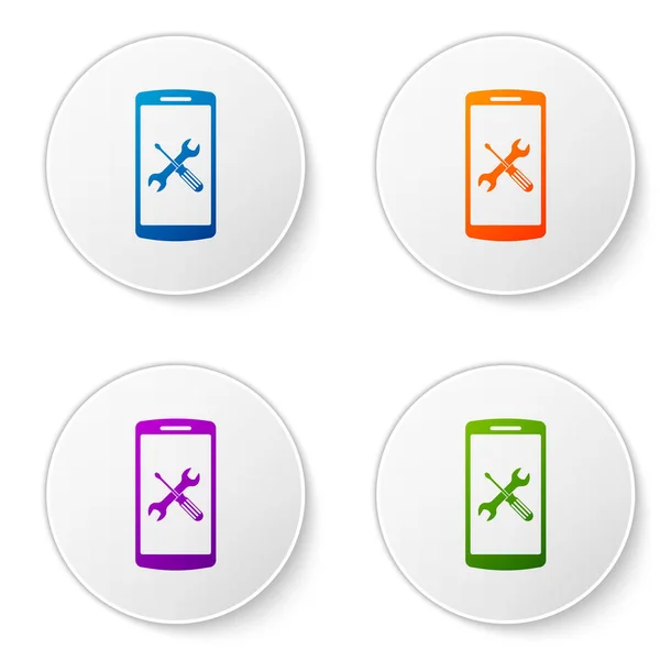 Farb-Smartphone mit Schraubenzieher und Schraubenschlüssel-Symbol isoliert auf weißem Hintergrund. Anpassung, Service, Einstellung, Wartung, Reparatur, Reparatur. setzen Sie Symbole in Kreis-Buttons. Vektorillustration — Stockvektor