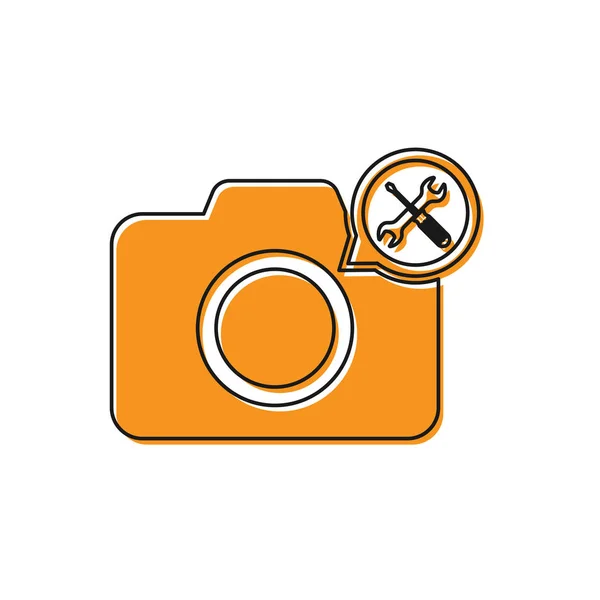 Narancs fénykép fényképezőgép-val csavarhúzó és Csavarkulcs ikon elszigetelt-ra fehér háttér. Beállítása, szerviz, beállítás, karbantartás, javítás, rögzítés. Vektoros illusztráció — Stock Vector