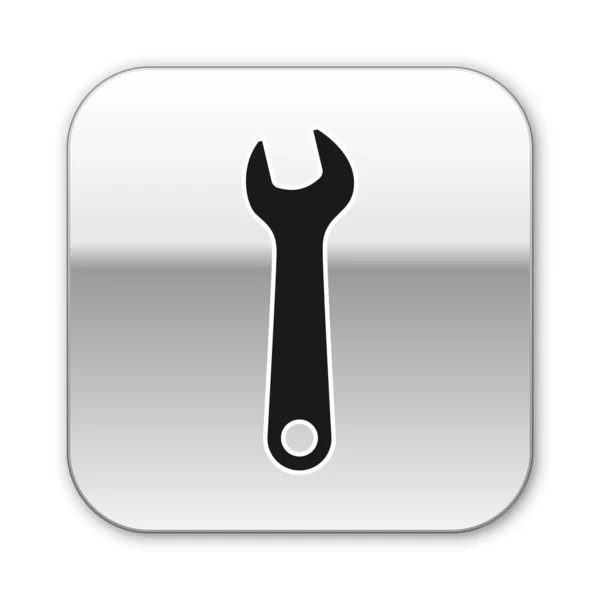 Black Wrench icon isolated on white background. Spanner repair tool. Service tool symbol. Silver square button. Vector Illustration — Stock Vector