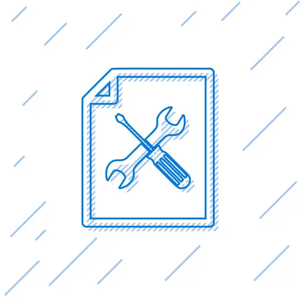 Μπλε γραμμή έγγραφο αρχείο με κατσαβίδι και εικονίδιο κλειδί απομονωθεί σε λευκό φόντο. Ρύθμιση, εξυπηρέτηση, ρύθμιση, συντήρηση, επισκευή, επιδιόρθωση. Απεικόνιση διανυσματικών φορέων — Διανυσματικό Αρχείο