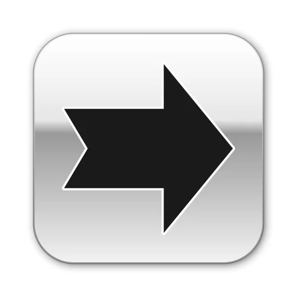 Icono de flecha negra aislado sobre fondo blanco. Dirección Símbolo de flecha. Señal de navegación. Botón cuadrado plateado. Ilustración vectorial — Vector de stock