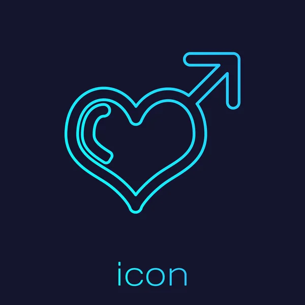 Бирюзовая линия Мужской половой символ и значок сердца изолированы на синем фоне. Векторная миграция — стоковый вектор