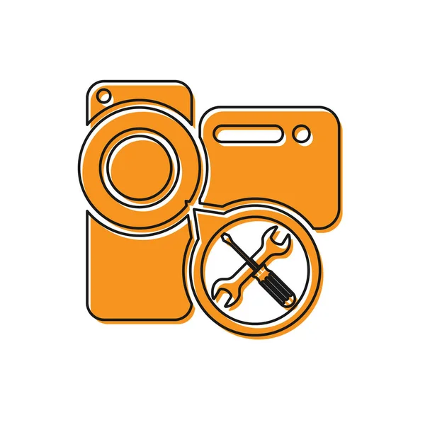 Orange Videokamera mit Schraubenzieher und Schraubenschlüssel-Symbol isoliert auf weißem Hintergrund. Anpassung, Service, Einstellung, Wartung, Reparatur, Reparatur. Vektorillustration — Stockvektor