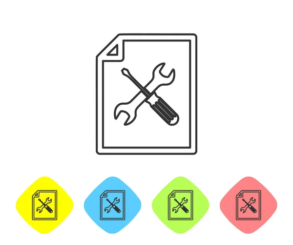 Grey line File document with screwdriver and wrench icon isolated on white background. Adjusting, service, setting, maintenance, repair, fixing. Set icon in color rhombus buttons. Vector Illustration — Stock Vector