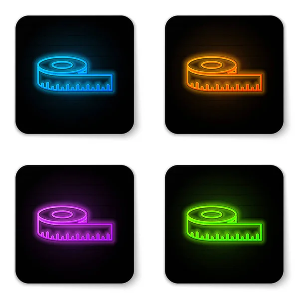 Glowing neon Tape measure icon isolated on white background. Measuring tape. Black square button. Vector Illustration — Stock Vector