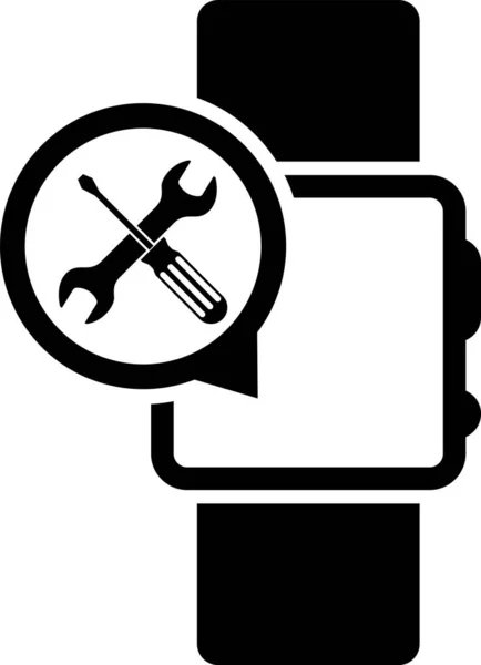 Svart SmartWatch med skruvmejsel och skiftnyckelikon isolerad på vit bakgrund. Justering, service, inställning, underhåll, reparation, fixering. Vektor illustration — Stock vektor