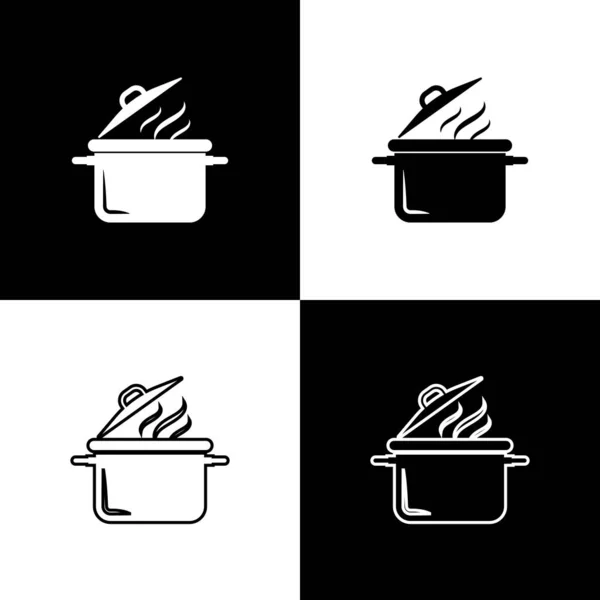 Set Cooking pot icon isolated on black and white background. Boil or stew food symbol. Vector Illustration — Stock Vector