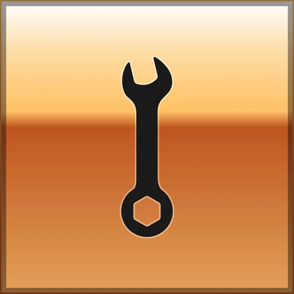 Zwarte moersleutel pictogram geïsoleerd op gouden achtergrond. Spanner reparatie tool. Service gereedschaps symbool. Vector illustratie — Stockvector