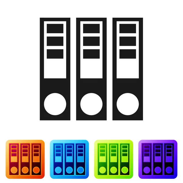 Черный офис папки с бумагами и документами значок изолирован на белом фоне. Офис-папки. Знак папки архива. Установите значок в цветные квадратные кнопки. Векторная миграция — стоковый вектор