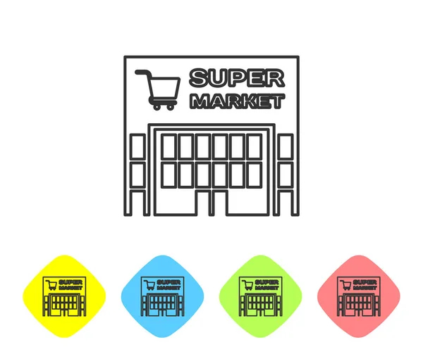 Grijze lijn supermarkt gebouw met winkelwagentje icoon geïsoleerd op witte achtergrond. Winkel of winkel. Mall Building. Pictogram instellen in kleur Rhombus-knoppen. Vector illustratie — Stockvector