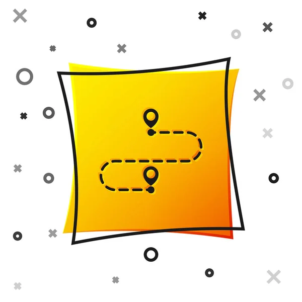 Icono de ubicación de ruta negra aislado sobre fondo blanco. Señal de mapa. Concepto de camino o camino. Navegador GPS. Botón cuadrado amarillo. Ilustración vectorial — Vector de stock