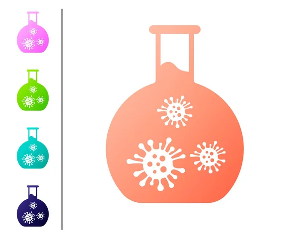 Reagenzglas aus Korallenlaborglas mit Virus und Bakterien-Symbol auf weißem Hintergrund. Analyse Mikroorganismus, Forschung, Diagnose. Farbsymbole setzen. Vektorillustration — Stockvektor