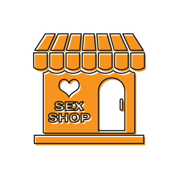 흰색 배경에 격리 된 줄무늬 차양 아이콘이있는 오렌지 섹스 숍 건물. 섹스 숍, 온라인 섹스 스토어, 성인 에로틱 한 제품 개념. 벡터 일러스트레이션 — 스톡 벡터