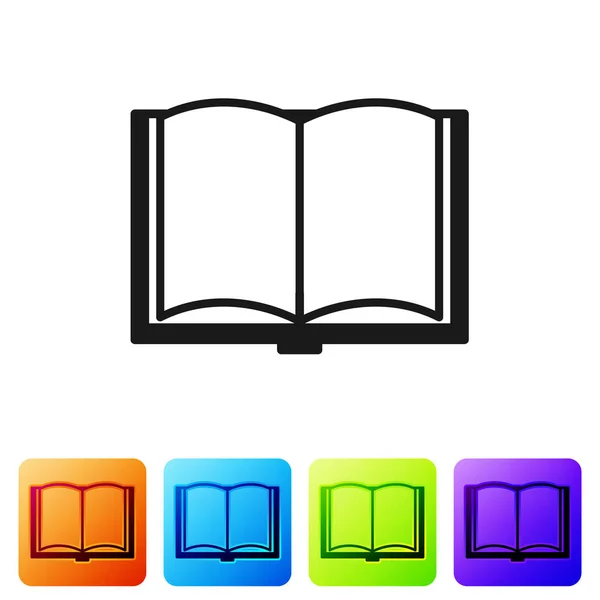 Ikona černé otevřené knihy je izolovaná na bílém pozadí. Nastavte ikonu v barevných hranových tlačítkách. Vektorová ilustrace — Stockový vektor