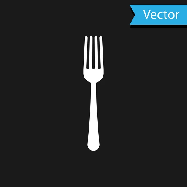 Icono de tenedor blanco aislado sobre fondo negro. Símbolo de cubertería. Ilustración vectorial — Vector de stock