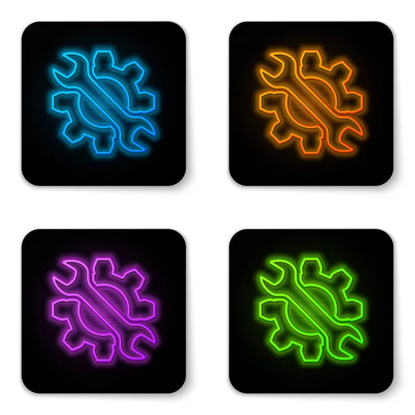 Glowing neon Wrench and gear icon isolated on white background. Adjusting, service, setting, maintenance, repair, fixing. Black square button. Vector Illustration — Stock Vector