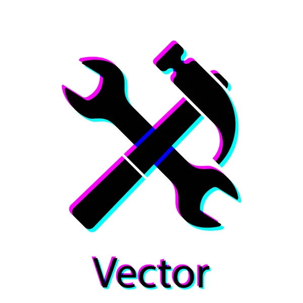 Zwarte gekruiste hamer en moersleutel pictogram geïsoleerd op witte achtergrond. Hardwarehulpmiddelen. Vector illustratie — Stockvector