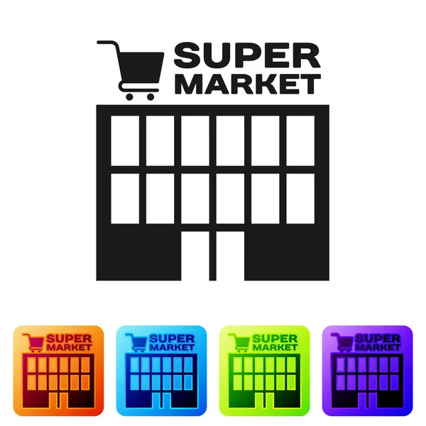 Zwarte supermarkt gebouw met winkelwagentje icoon geïsoleerd op witte achtergrond. Winkel of winkel. Mall Building. Pictogram instellen in de knoppen kleur vierkant. Vector illustratie — Stockvector