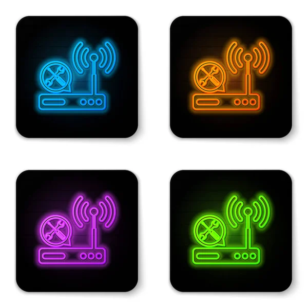 Glowing neon Router wi-fi with screwdriver and wrench icon isolated on white background. Adjusting, service, setting, maintenance, repair, fixing. Black square button. Vector Illustration — Stock Vector