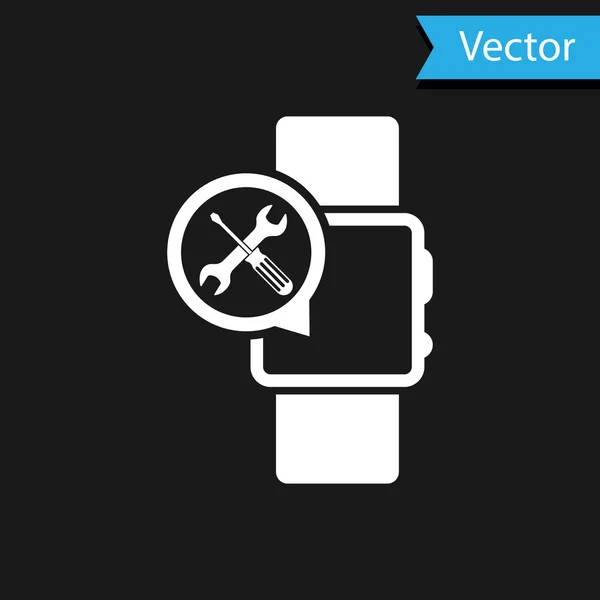 Smartwatch branco com chave de fenda e ícone chave isolada no fundo preto. Ajuste, serviço, configuração, manutenção, reparação, fixação. Ilustração vetorial — Vetor de Stock