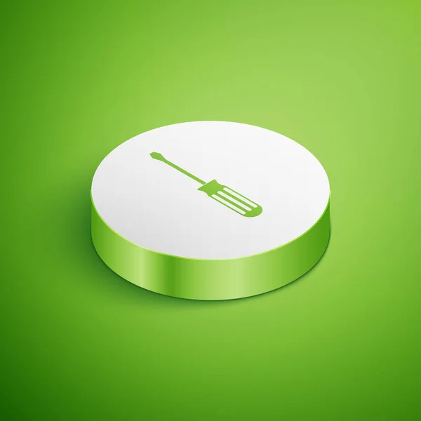 Ikona śrubokrętu izometrycznego izolowana na zielonym tle. Symbol narzędzia serwisowego. Przycisk biały okrąg. Ilustracja wektorowa — Wektor stockowy