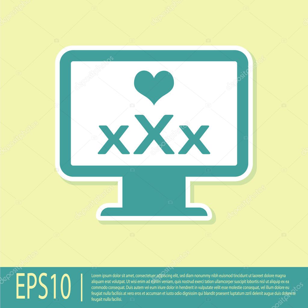 Green Computer monitor with 18 plus content heart icon isolated on yellow background. Age restriction symbol. XXX content sign. Adult channel. Vector Illustration