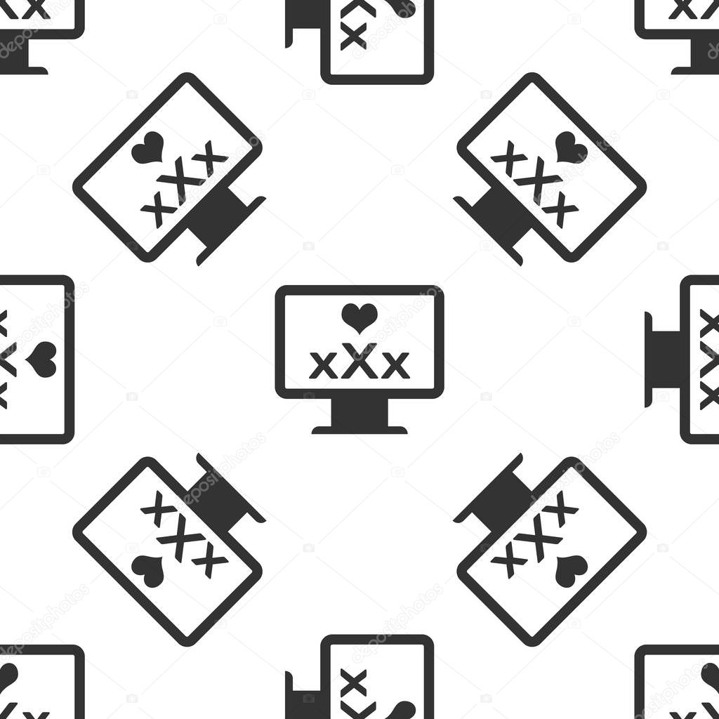 Grey Computer monitor with 18 plus content heart icon isolated seamless pattern on white background. Age restriction symbol. XXX content sign. Adult channel. Vector Illustration