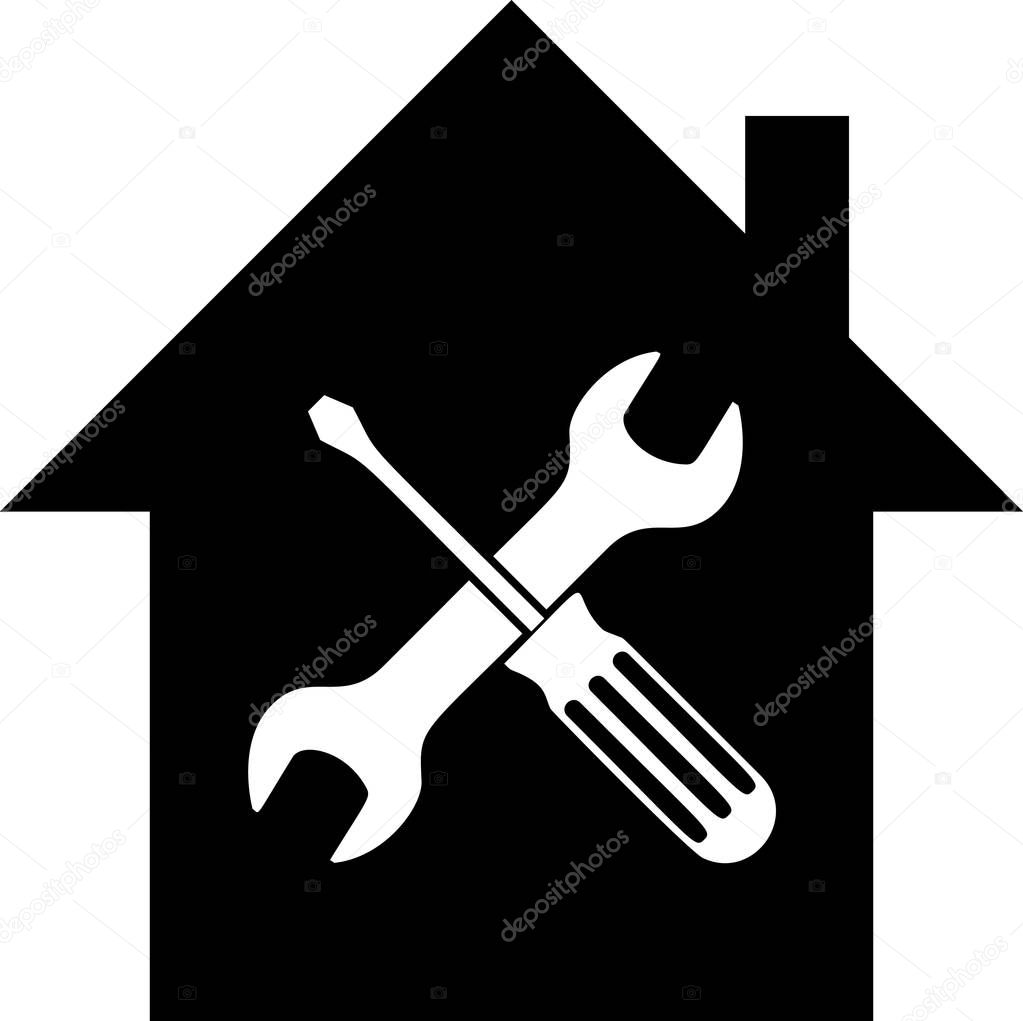 Black House or home with screwdriver and wrench icon isolated on white background. Adjusting, service, setting, maintenance, repair, fixing. Vector Illustration