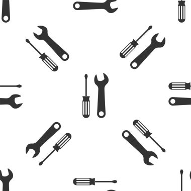 Gri tornavida ve anahtar araçları simgesi beyaz arka planda izole Dikişsiz desen. Servis aracı sembolü. Vektör Illustration