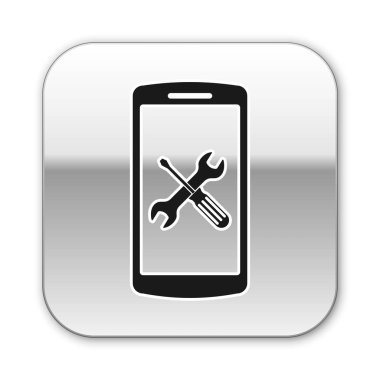 Beyaz arka planda yalıtılmış tornavida ve anahtar simgesi ile siyah smartphone. Ayarlama, hizmet, ayarlama, bakım, onarım, sabitleme. Gümüş kare düğmesi. Vektör Illustration