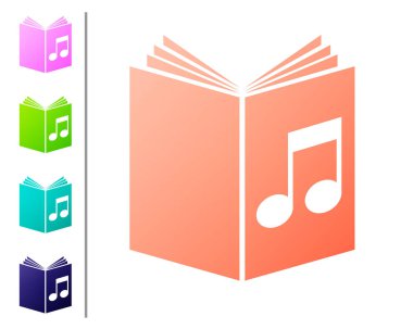 Mercan Audio Kitap simgesi beyaz arka planda izole. Kitap ile müzik notu. Ses kılavuzu işareti. Online öğrenme konsepti. Renk simgeleri ayarlayın. Vektör Illustration