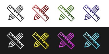 Çapraz cetvel ve kalem simgesini siyah ve beyaz arkaplanda izole et. Düz sembol. Çizim ve eğitim araçları. Vektör İllüstrasyonu