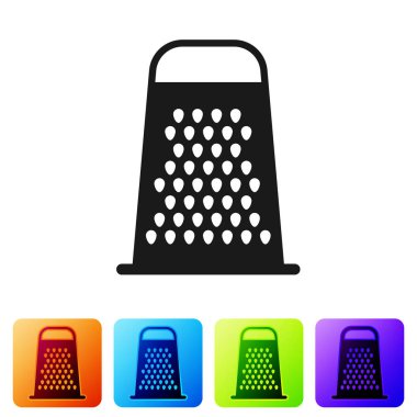 Beyaz arka planda izole siyah grater simgesi. Mutfak sembolü. Yemek Eşyası. Çatal bıçak işareti. Renk kare düğmelerinde simgeyi ayarlayın. Vektör Illustration