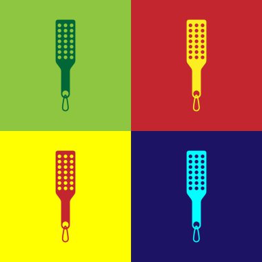 Renk arka plan üzerinde izole renkli Spanking kürek simgesi. Fetiş aksesuarı. Yetişkin için seks oyuncağı. Vektör Illustration