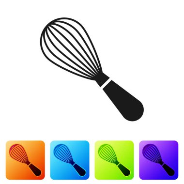 Siyah mutfak fırçalama simgesi beyaz arka planda izole. Yemek Eşyası, yumurta çırpıcı. Çatal bıçak işareti. Gıda karışımı sembolü. Renk kare düğmelerinde simgeyi ayarlayın. Vektör Illustration