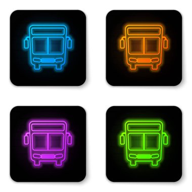 Parlayan Neon otobüs simgesi beyaz arka planda yalıtılmış. Ulaşım konsepti. Otobüs turu taşıma işareti. Turizm veya kamu araç sembolü. Siyah kare düğmesi. Vektör Illustration