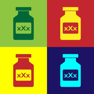 Renk tıp şişe potens için haplar, afrodizyak simgesi renk arka planda izole. Erkekler ve kadınlar için seks hapları. Vektör Illustration