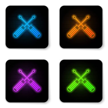 Parlayan Neon, beyaz arka planda yalıtılmış Tornavidalar simgesi çapraz. Servis aracı sembolü. Siyah kare düğmesi. Vektör Illustration
