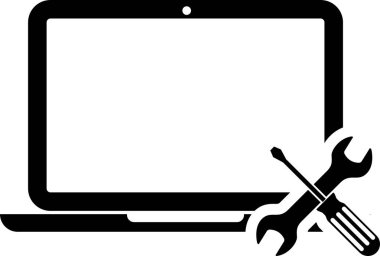 Beyaz arka planda izole tornavida ve anahtar simgesi ile siyah laptop. Ayarlama, hizmet, ayarlama, bakım, onarım, sabitleme. Vektör Illustration